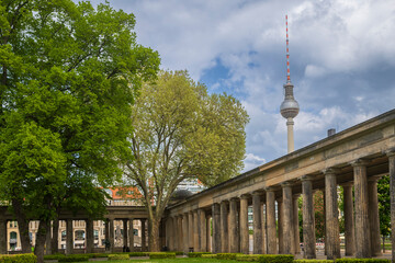Berlin, Germany,  the Berlin television tower Berliner Fernsehturm and the Colonnade Courtyard Kolonnadenhof near the Old National Gallery. © elenarostunova