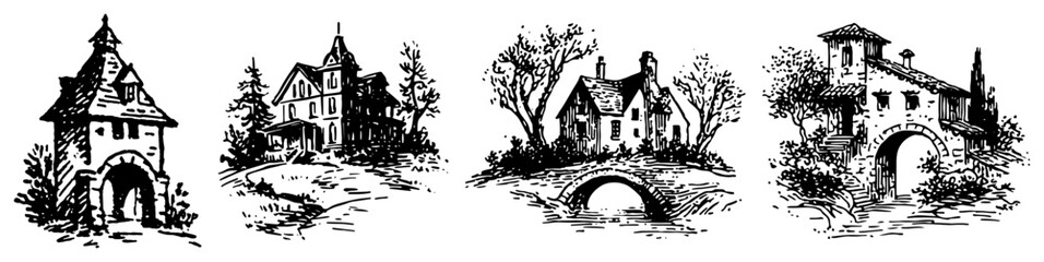 Obraz premium Rural stone buildings and historical cottages collection in vintage sketch style