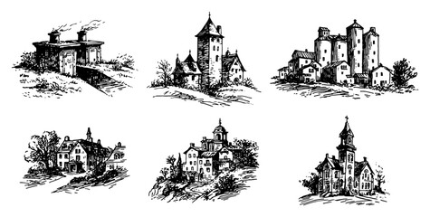 Obraz premium Historic castles and manor houses with towers in vintage hand drawn sketch style