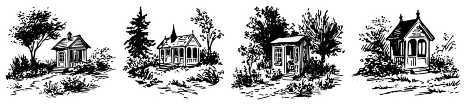 Wooden garden sheds and gazebos surrounded by trees in vintage hand drawn style