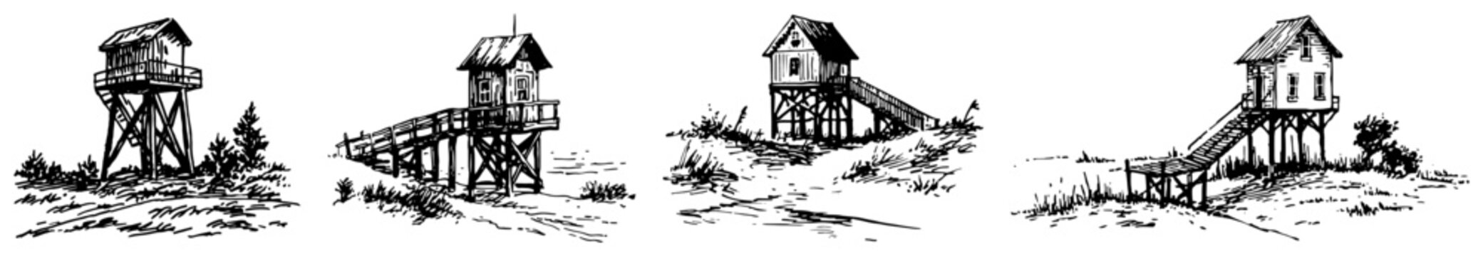 Wooden stilt houses and elevated cabins with stairs in vintage hand drawn style