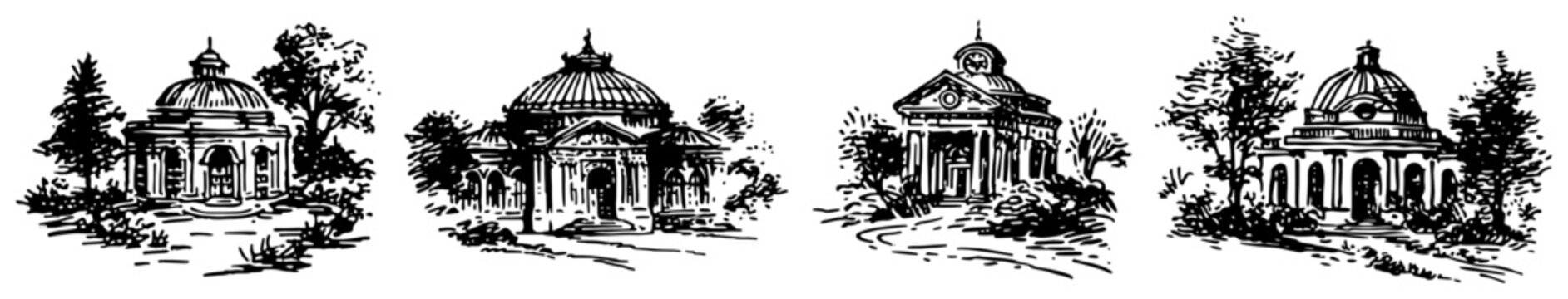 Classical garden rotundas and architectural pavilions in vintage sketch style