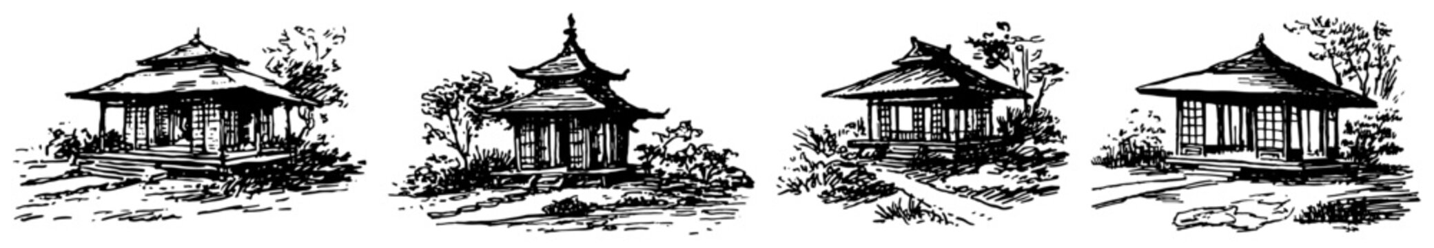Japanese pagodas and traditional oriental gazebos in vintage hand drawn sketch style