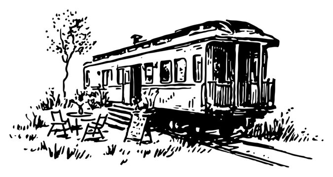 Passenger train car converted into outdoor cafe or diner in vintage engraving style