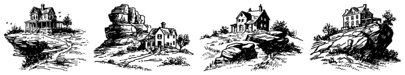 Obraz premium Houses on rocky hills and mountain landscapes in vintage sketch style