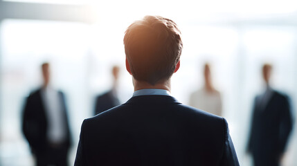Fototapeta premium Rear View of Business Leader in Suit Address Colleagues, Team, or Audience in Bright Corporate Setting, Facing Group of People