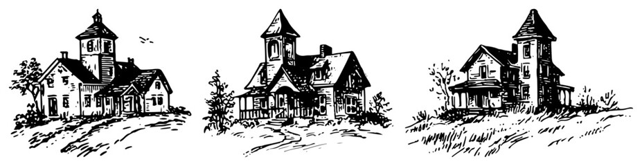 Fototapeta premium Victorian houses with towers and porches in vintage hand drawn sketch style