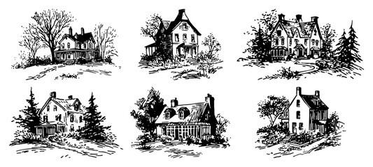 Obraz premium Traditional family houses and suburban homes in vintage hand drawn sketch style