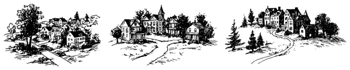 Naklejka premium Small rural villages and countryside towns on hillsides in vintage hand drawn sketch style