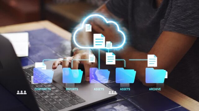 Cloud Document Management Hologram Folder Sync Animation Black Background Overlay