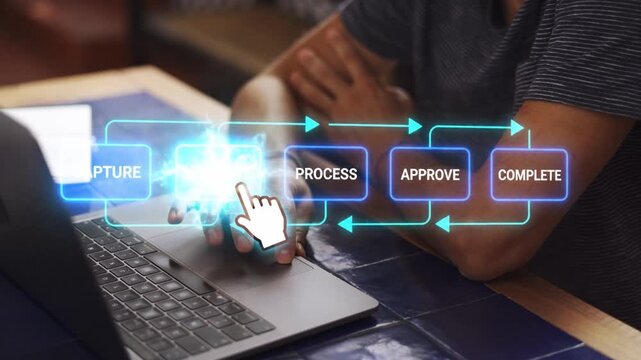 RPA Workflow Automation Hologram Task Progress Animation Black Background Screen Overlay