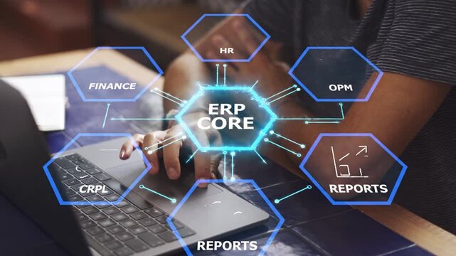 ERP Enterprise System Hexagon Module Hologram Animation Black Background Screen Overlay