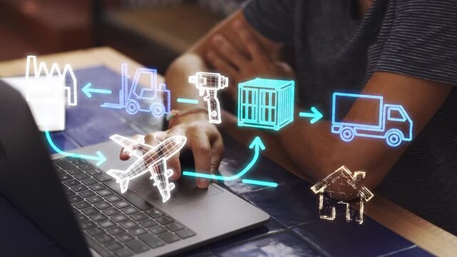 Supply Chain Logistics Flow Icons Hologram Animation Black Background Screen Overlay