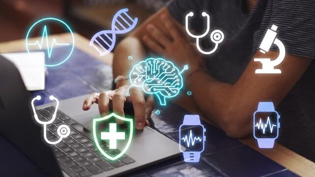Medical Health Digital Icons Hologram Orbit Animation Black Background Screen Overlay