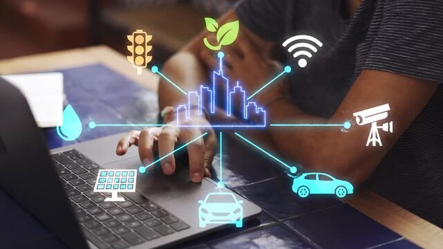 Smart City IoT Connected Icons Hologram Orbit Animation Black Background Overlay