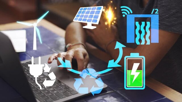 Renewable Clean Energy Icons Cycle Hologram Animation Black Background Screen Overlay