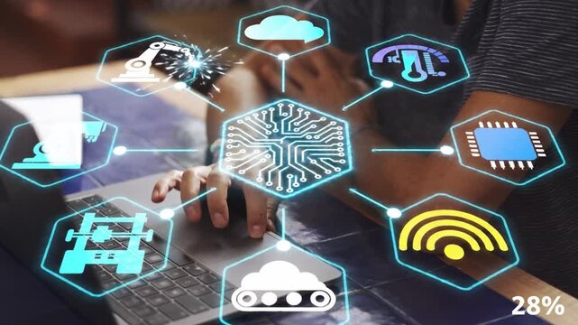IoT Industry 4.0 Sensor Machine Icons Hologram Circuit Animation Black Background