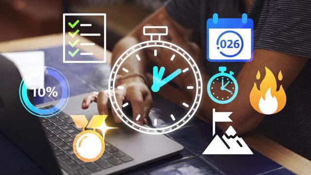 Productivity Time Management Icons Hologram Clock Animation Black Background Overlay