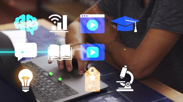AI EdTech Learning Upskilling Icons Diagonal Hologram Animation Black Background Overlay