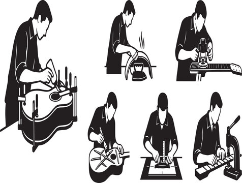 Acoustic Guitar Making and Lutherie Process Icon Set - Silhouettes
