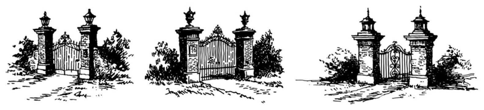 Entrance gates with decorative stone pillars and ironwork vintage sketch style