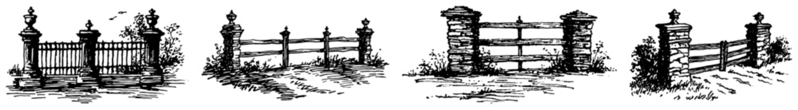 Garden fences and boundary walls with stone and wood elements vintage engraving style