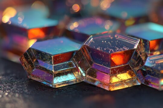 Iridescent Crystal Cubes with Bubbles on Dark Surface