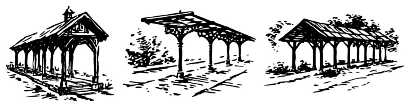 Covered wooden pavilions and architectural shelters in vintage hand drawn engraving style