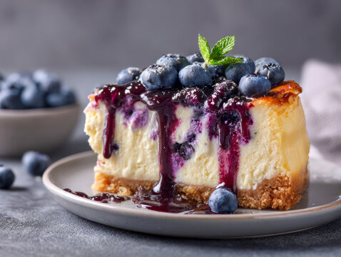 A slice of creamy cheesecake topped with fresh blueberries and rich berry sauce garnished with a sprig of mint on a ceramic plate with extra berries in the backgroun