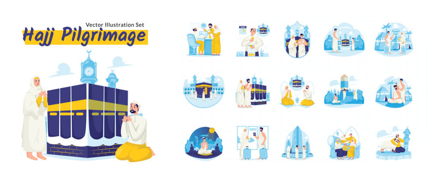 Islamic Hajj Pilgrimage Vector Illustration Set