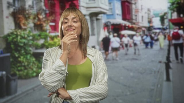 Woman with hand on chin, finger touching cheek, smiling in a green tanktop and striped shirt while posing on a cobblestone street with storefronts and pedestrians; thoughtful curiosity.
