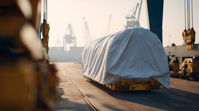 Large cargo covered with white tarp on transport cart, ready for shipment at an industrial port with cranes under bright sky