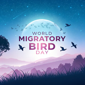 Night migration of birds under full moon and starry sky for world day.