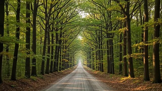 Serene tree lined road through forest.