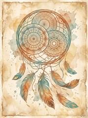 Fototapeta premium Watercolor dreamcatcher with intricate mandala patterns and colorful feathers on a vintage paper background, featuring earthy tones and artistic splatters.
