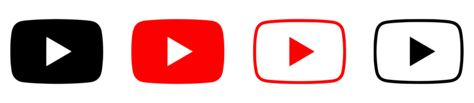 Collection of diverse youtube video player navigation icons, presenting four distinct play button designs in various color schemes and styles for multimedia interfaces