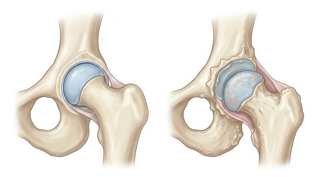 Illustration compares healthy dog hip joint to dysplastic joint, showing structural differences important for veterinary education and pet health.