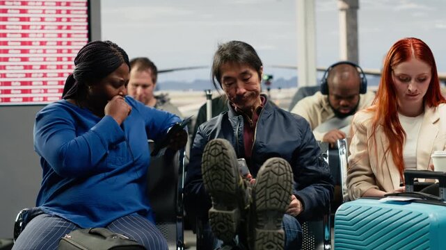 Waiting for plane arrival, flight delay and multiethnic tourists in airport use devices. Flying to destination, mobile phones and passengers passing time during cancelled flights disruption, camera A