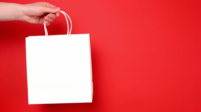 white paper shopping bag held by a hand over a vibrant red background with copy space.