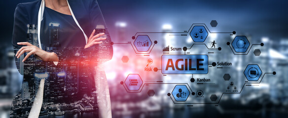 A professional businesswoman stands against a city backdrop, highlighting Agile methodology concepts like Scrum and Kanban with digital icons, illuminating modern project management. Tessel © InfiniteFlow