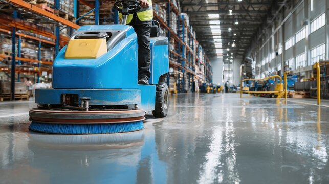 Industrial floor cleaning with professional scrubber machine in modern warehouse facility