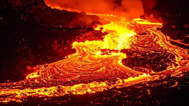 Molten lava flowing through a dark landscape.