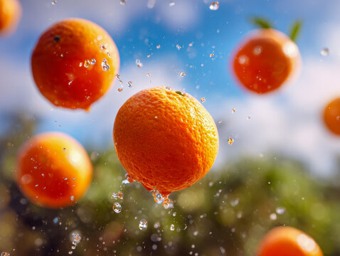 Juicy fresh oranges splashing with water droplets mid-air against a natural outdoor background on a bright sunny day with blue sky and green trees behind