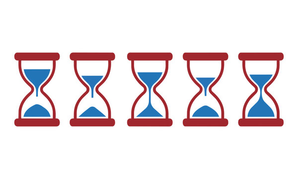Six stylized hourglass icons in a row showing different stages of progression from full to empty in flat color blocks isolated on white background time management concept