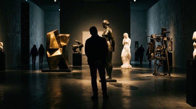 Solitary Figure Contemplates Modern Sculptures in Dramatic Art Gallery Lighting & Exhibition Space