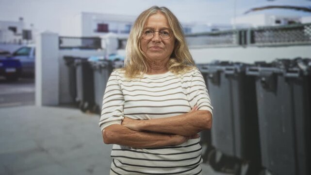 Senior blonde woman in striped shirt standing with arms crossed beside a row of garbage bins on a street near buildings and a parked car; defiance.