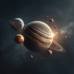 Obraz premium Cosmic scene with giant gas planet and surrounding celestial bodies
