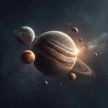 Cosmic scene with giant gas planet and surrounding celestial bodies