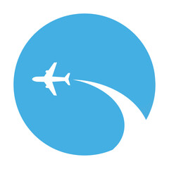 Naklejka premium Minimalist white airplane silhouette flying with a sweeping contrail against a sky blue circular backdrop isolated on white travel and aviation concept