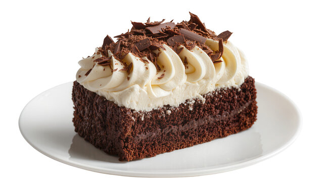 Isolated chocolate cake slice with fluffy whipped cream and delicious dark chocolate shavings on top
